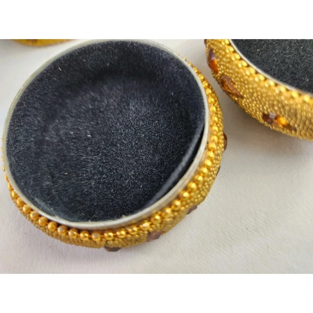 Vtg Round Hand Beaded Trinket Boxes‎ Yellow Gold Beads Jeweled Wedding Set of 5